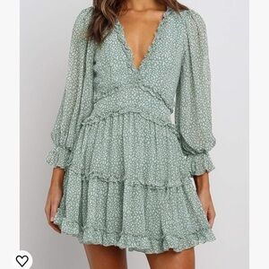 Dokotoo Deep V Neck Ruffle Long Sleeve Mini Dress